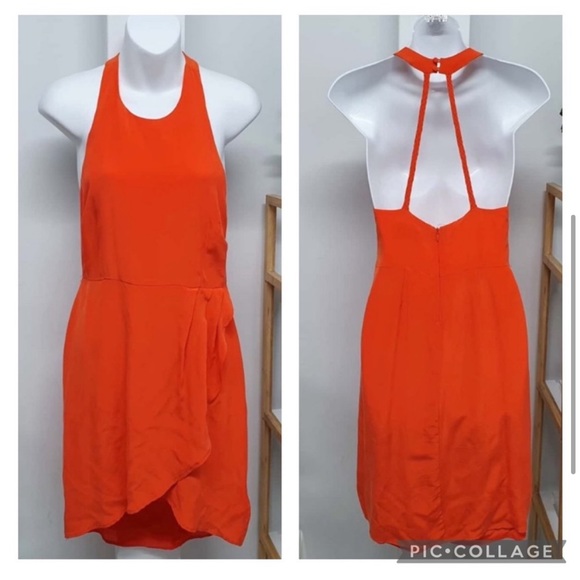TIGERLILY Silk Orange High Neck Racer Back Wrap Mini Dress - Picture 7 of 11